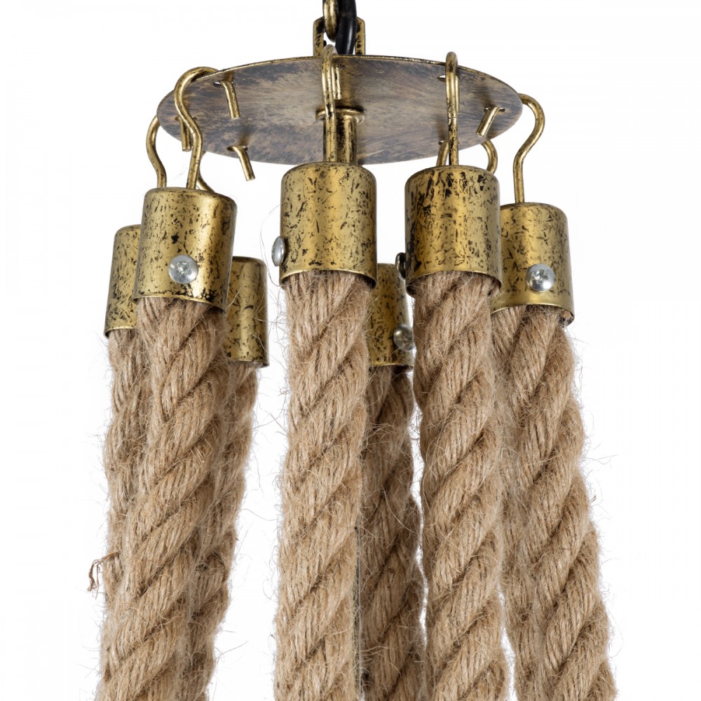 GloboStar® BAVARIAN 01405 Vintage Κρεμαστό Φωτιστικό Οροφής Πολύφωτο 8 x E14 Μπρούτζινο Σκουριά Μεταλλικό Πολυέλαιος με Μπεζ Σχοινί Φ87 x Υ80cm