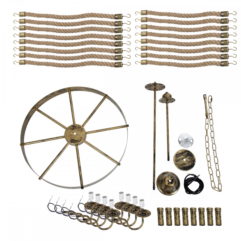 GloboStar® BAVARIAN 01405 Vintage Κρεμαστό Φωτιστικό Οροφής Πολύφωτο 8 x E14 Μπρούτζινο Σκουριά Μεταλλικό Πολυέλαιος με Μπεζ Σχοινί Φ87 x Υ80cm