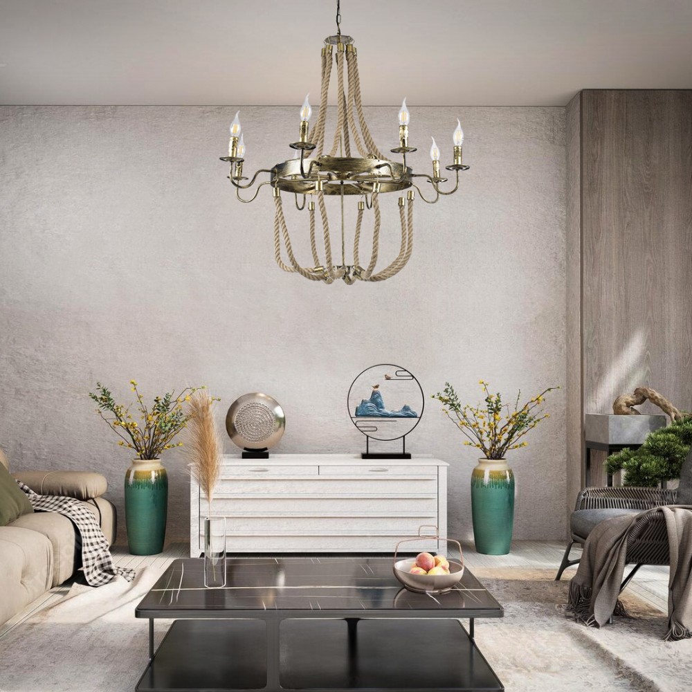 GloboStar® BAVARIAN 01405 Vintage Κρεμαστό Φωτιστικό Οροφής Πολύφωτο 8 x E14 Μπρούτζινο Σκουριά Μεταλλικό Πολυέλαιος με Μπεζ Σχοινί Φ87 x Υ80cm