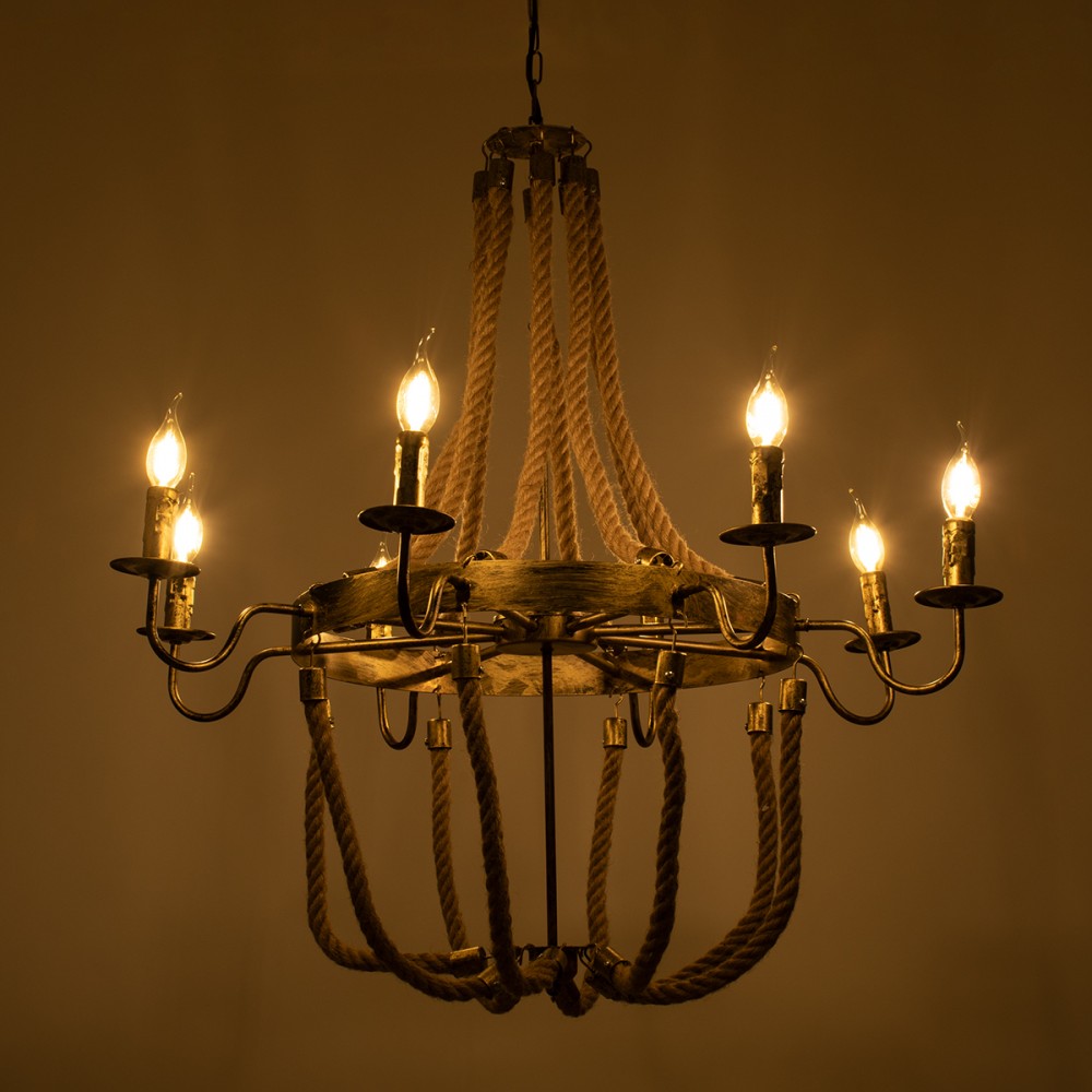 GloboStar® BAVARIAN 01405 Vintage Κρεμαστό Φωτιστικό Οροφής Πολύφωτο 8 x E14 Μπρούτζινο Σκουριά Μεταλλικό Πολυέλαιος με Μπεζ Σχοινί Φ87 x Υ80cm