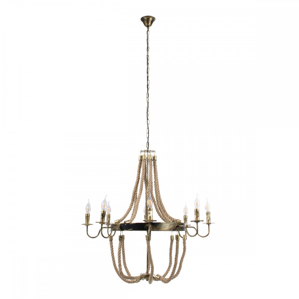 GloboStar® BAVARIAN 01405 Vintage Κρεμαστό Φωτιστικό Οροφής Πολύφωτο 8 x E14 Μπρούτζινο Σκουριά Μεταλλικό Πολυέλαιος με Μπεζ Σχοινί Φ87 x Υ80cm