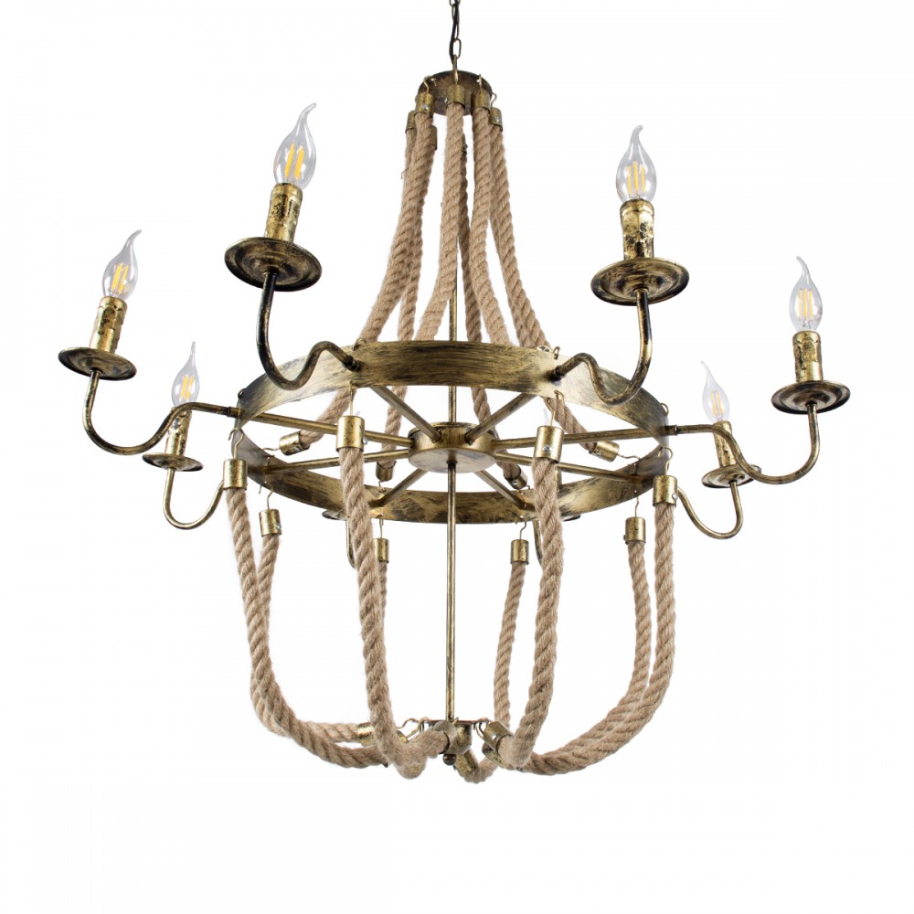 GloboStar® BAVARIAN 01405 Vintage Κρεμαστό Φωτιστικό Οροφής Πολύφωτο 8 x E14 Μπρούτζινο Σκουριά Μεταλλικό Πολυέλαιος με Μπεζ Σχοινί Φ87 x Υ80cm