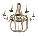 GloboStar® BAVARIAN 01405 Vintage Κρεμαστό Φωτιστικό Οροφής Πολύφωτο 8 x E14 Μπρούτζινο Σκουριά Μεταλλικό Πολυέλαιος με Μπεζ Σχοινί Φ87 x Υ80cm