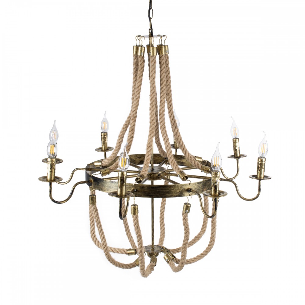 GloboStar® BAVARIAN 01405 Vintage Κρεμαστό Φωτιστικό Οροφής Πολύφωτο 8 x E14 Μπρούτζινο Σκουριά Μεταλλικό Πολυέλαιος με Μπεζ Σχοινί Φ87 x Υ80cm