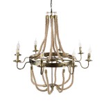 GloboStar® BAVARIAN 01405 Vintage Κρεμαστό Φωτιστικό Οροφής Πολύφωτο 8 x E14 Μπρούτζινο Σκουριά Μεταλλικό Πολυέλαιος με Μπεζ Σχοινί Φ87 x Υ80cm