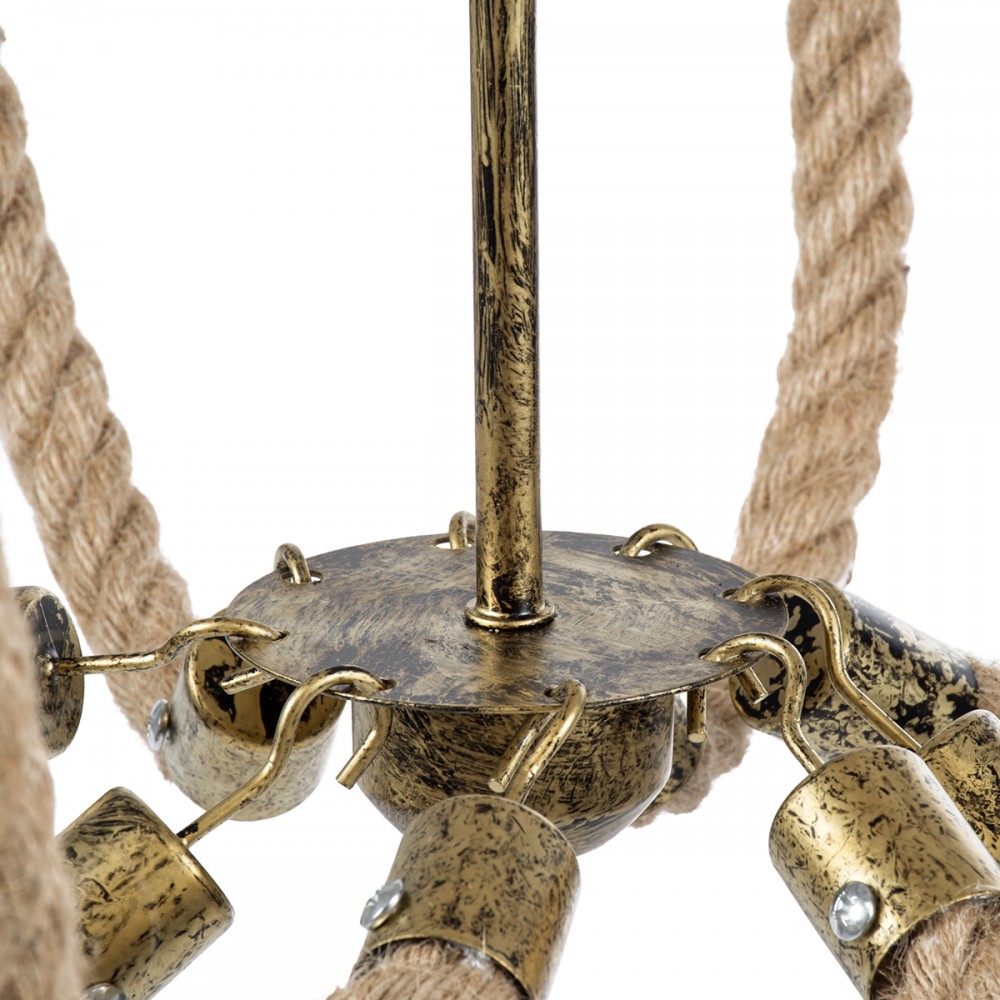 GloboStar® BAVARIAN 01405 Vintage Κρεμαστό Φωτιστικό Οροφής Πολύφωτο 8 x E14 Μπρούτζινο Σκουριά Μεταλλικό Πολυέλαιος με Μπεζ Σχοινί Φ87 x Υ80cm