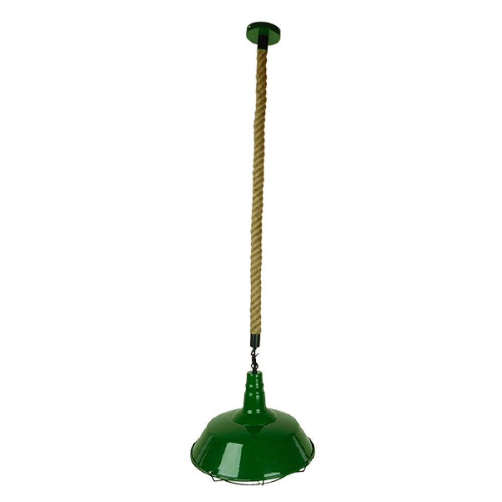 GloboStar® CRANE 01408 Vintage Κρεμαστό Φωτιστικό Μονόφωτο Καμπάνα 1 x E27 IP20 Πράσινο & Λευκό Μέταλλο με Μπεζ Σχοινί - Μ36 x Π36 x Y31cm