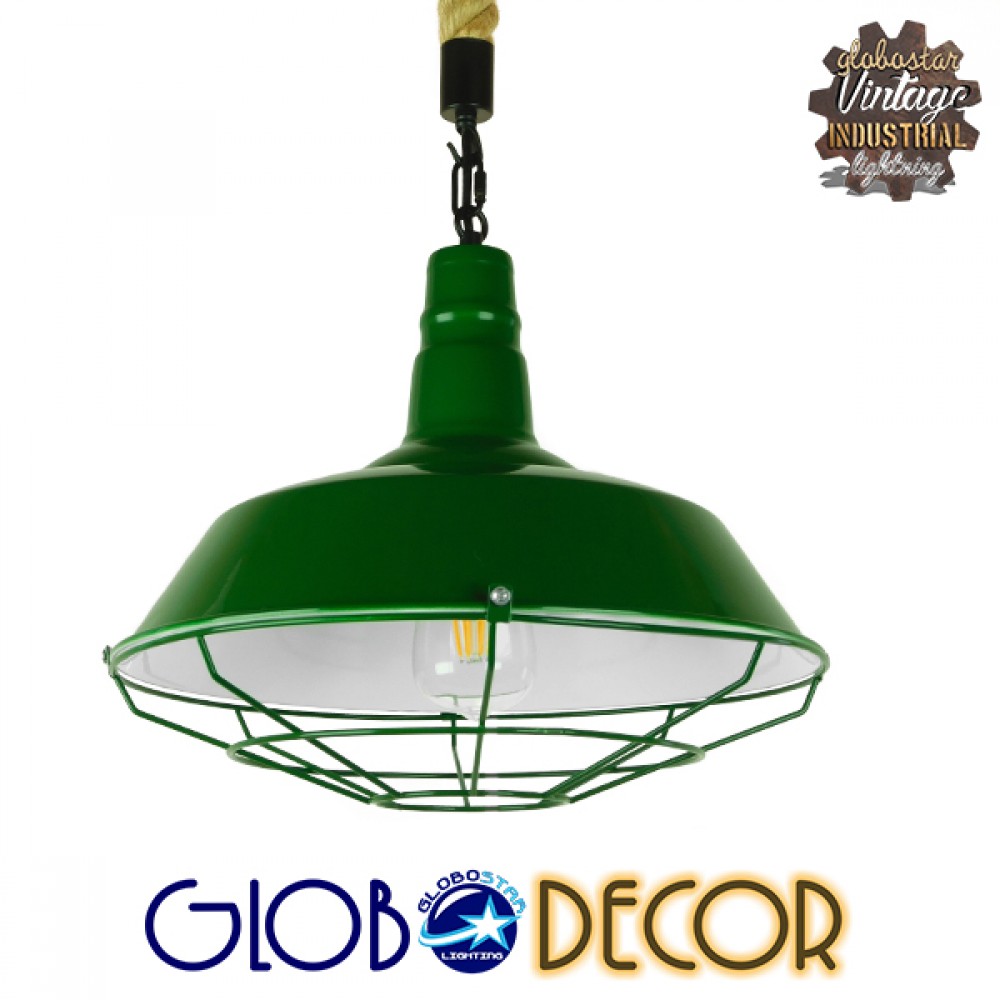 GloboStar® CRANE 01408 Vintage Κρεμαστό Φωτιστικό Μονόφωτο Καμπάνα 1 x E27 IP20 Πράσινο & Λευκό Μέταλλο με Μπεζ Σχοινί - Μ36 x Π36 x Y31cm