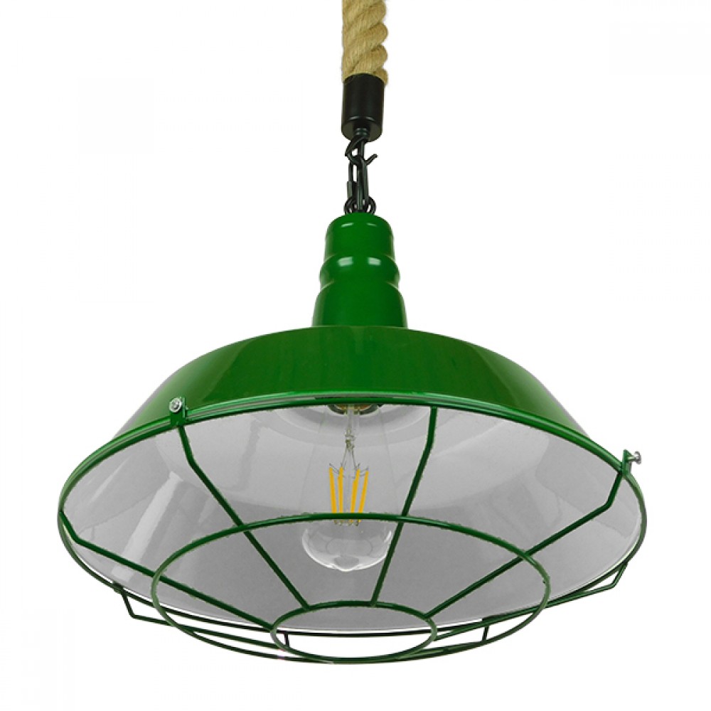 GloboStar® CRANE 01408 Vintage Industrial Κρεμαστό Φωτιστικό Οροφής Μονόφωτο 1 x E27 Πράσινο Λευκό Μεταλλικό Καμπάνα Πλέγμα με Μπεζ Σχοινί Φ36 x Υ31cm