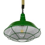 GloboStar® CRANE 01408 Vintage Industrial Κρεμαστό Φωτιστικό Οροφής Μονόφωτο 1 x E27 Πράσινο Λευκό Μεταλλικό Καμπάνα Πλέγμα με Μπεζ Σχοινί Φ36 x Υ31cm