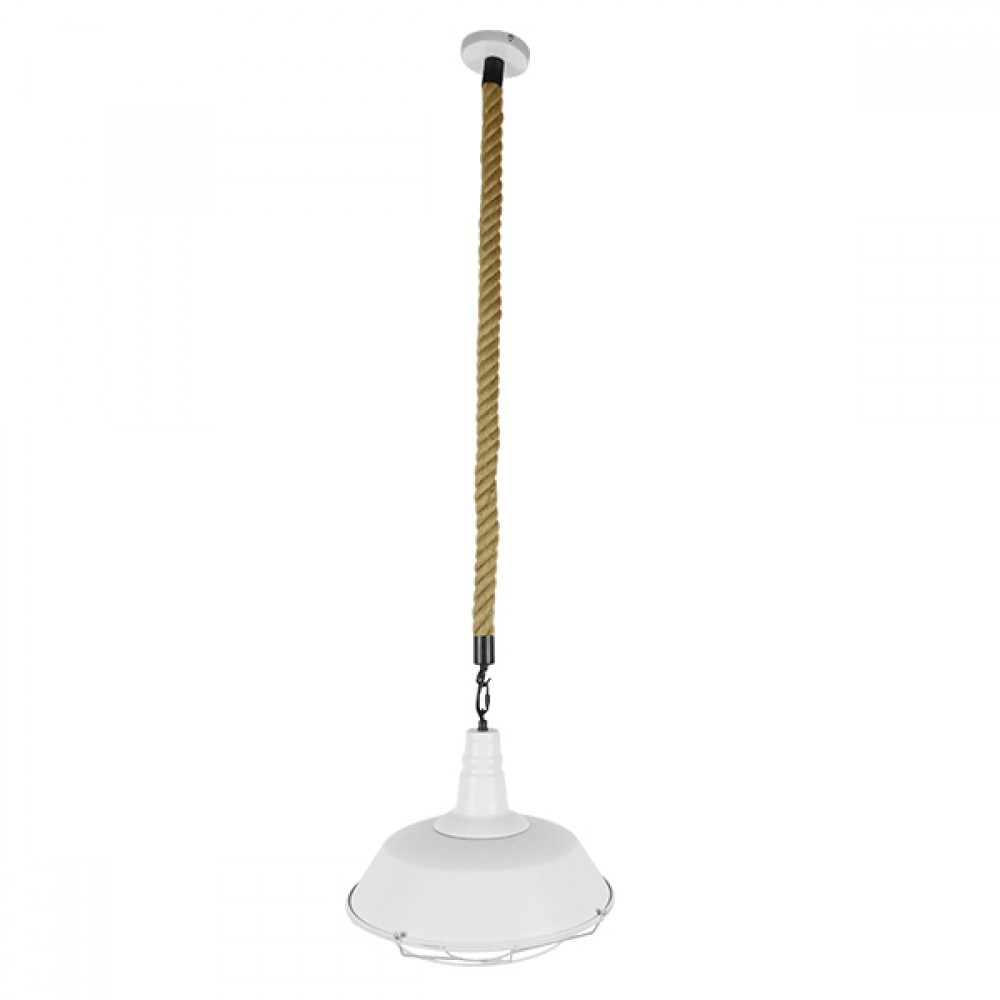 GloboStar® CRANE 01409 Vintage Κρεμαστό Φωτιστικό Μονόφωτο Καμπάνα 1 x E27 IP20 Λευκό Μεταλλο με Μπεζ Σχοινί - Μ36 x Π36 x Y31cm