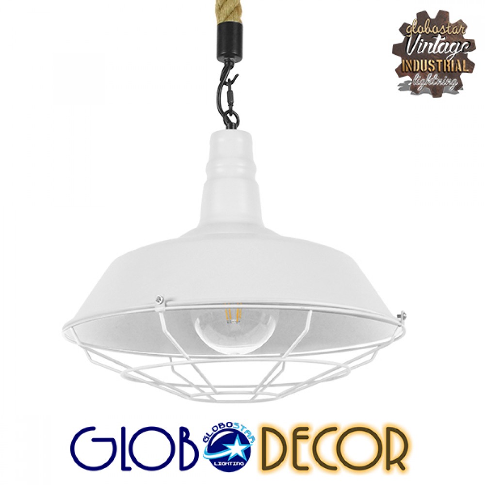 GloboStar® CRANE 01409 Vintage Κρεμαστό Φωτιστικό Μονόφωτο Καμπάνα 1 x E27 IP20 Λευκό Μεταλλο με Μπεζ Σχοινί - Μ36 x Π36 x Y31cm
