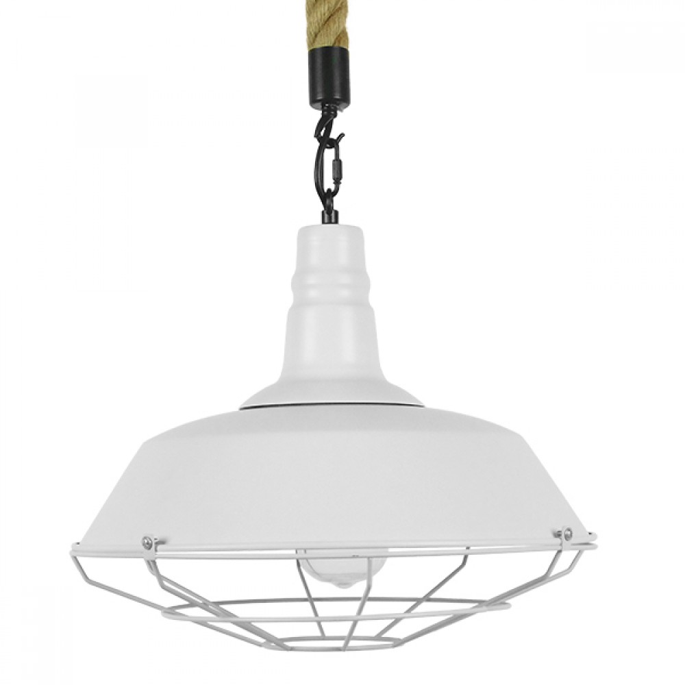 GloboStar® CRANE 01409 Vintage Industrial Κρεμαστό Φωτιστικό Οροφής Μονόφωτο 1 x E27 Λευκό Ματ Μεταλλικό Καμπάνα Πλέγμα με Μπεζ Σχοινί Φ36 x Υ31cm