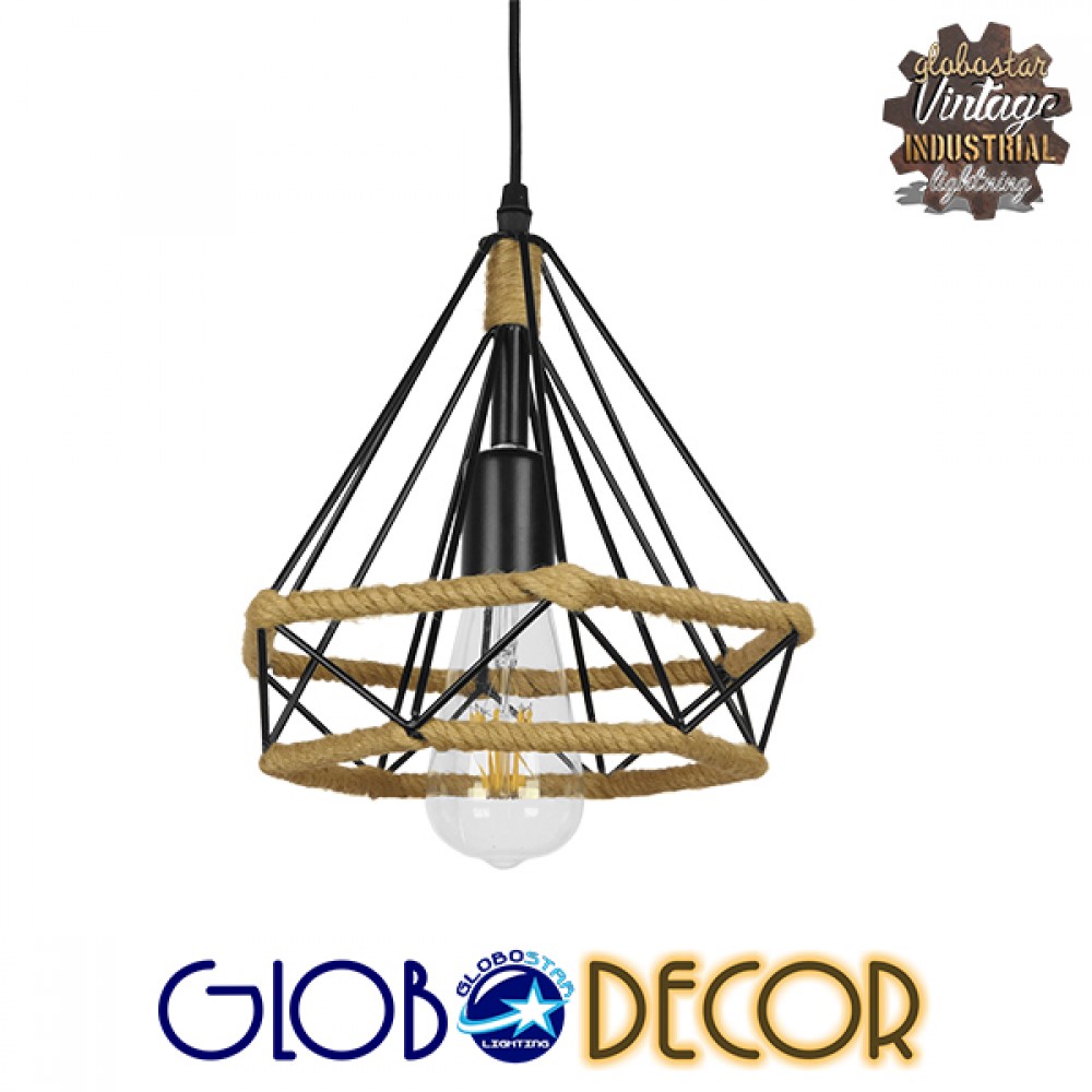 GloboStar® FLUTED 01421 Vintage Κρεμαστό Φωτιστικό Πλέγμα Μονόφωτο 1 x E27 IP20 Μαύρο Μέταλλο με Μπεζ Σχοινί - Μ25 x Π25 x Y24cm