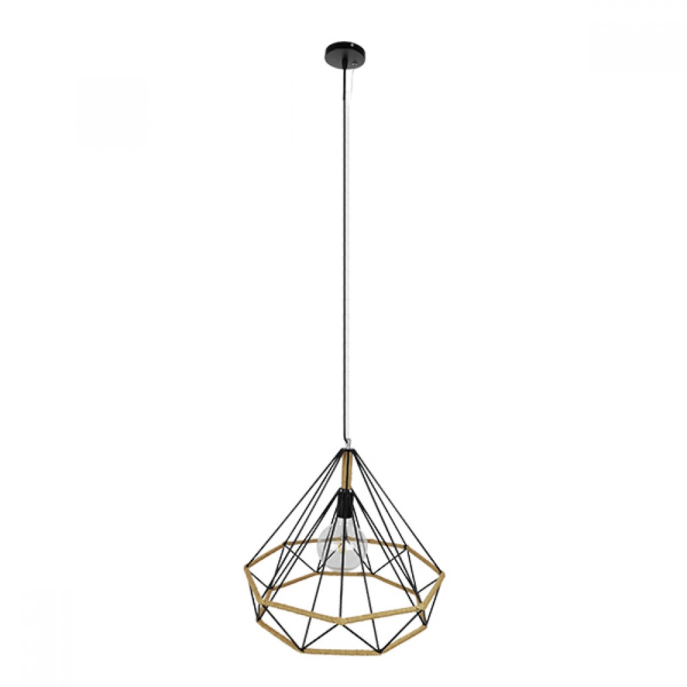 GloboStar® FLUTED 01422 Vintage Κρεμαστό Φωτιστικό Πλέγμα Μονόφωτο 1 x E27 IP20 Μαύρο Μέταλλο με Μπεζ Σχοινί - Μ50 x Π50 x Y44cm