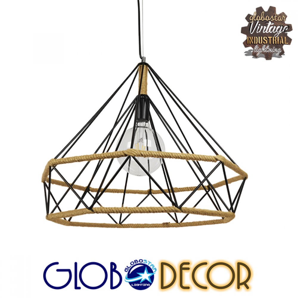 GloboStar® FLUTED 01422 Vintage Κρεμαστό Φωτιστικό Πλέγμα Μονόφωτο 1 x E27 IP20 Μαύρο Μέταλλο με Μπεζ Σχοινί - Μ50 x Π50 x Y44cm