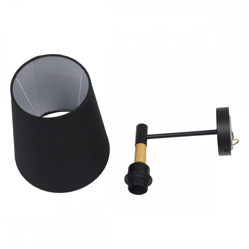 GloboStar® LYDFORD 01432 Μοντέρνο Φωτιστικό Τοίχου Απλίκα Μονόφωτο Μαύρο με Μπέζ Ξύλο Μεταλλικό Φ20 x Y36cm