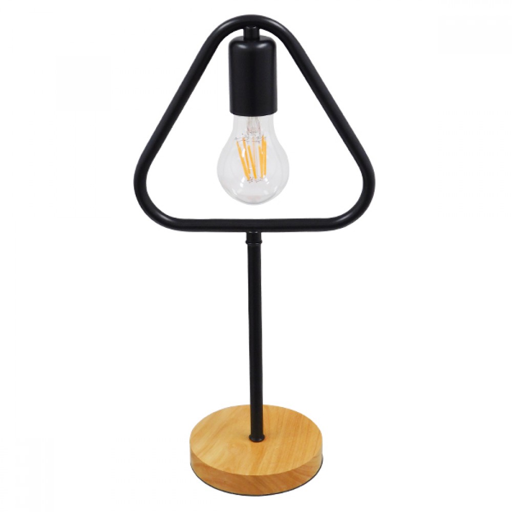 GloboStar® HONOR TRIANGLE 01436 Μοντέρνο Επιτραπέζιο Φωτιστικό Πορτατίφ Μονόφωτο Μαύρο Μεταλλικό με Ξύλινη Βάση Δρυς Μ20 x Π20 x Υ40cm