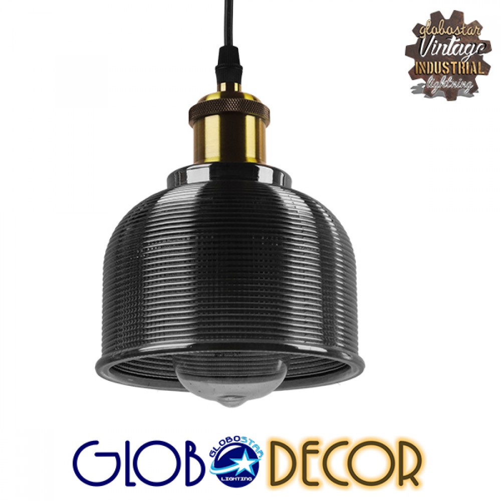GloboStar® SEGRETO 01449 Vintage Κρεμαστό Φωτιστικό Μονόφωτο Καμπάνα 1 x E27 IP20 Μαύρο Γυαλί με Χρυσό Μέταλλο - Μ14 x Π14 x Υ18cm