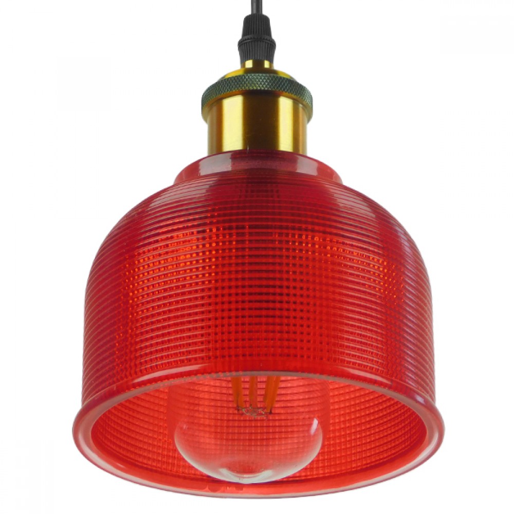 GloboStar® SEGRETO 01450 Vintage Κρεμαστό Φωτιστικό Οροφής Μονόφωτο 1 x E27 Κόκκινο Γυάλινο Διάφανο Καμπάνα με Χρυσό Ντουί Φ14 x Υ18cm