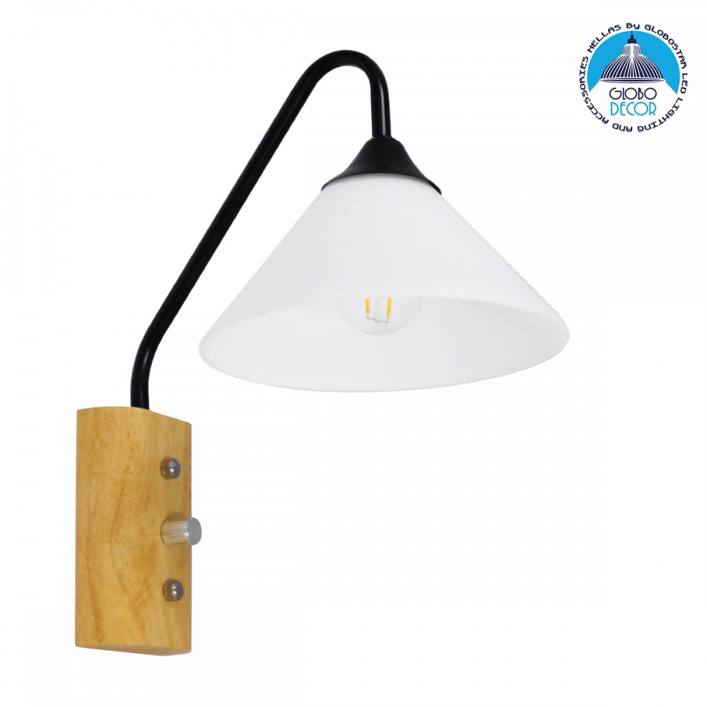 GloboStar® ALESSIA 01457 Μοντέρνο Επιτοίχιο Φωτιστικό Απλίκα Μονόφωτο 1 x E27 IP20 Μαύρο Μέταλλο, Λευκό Γυαλί με Μπεζ Ξύλο - Μ18 x Π26 x Υ29cm