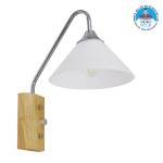 GloboStar® ALESSIA 01459 Μοντέρνο Φωτιστικό Τοίχου Απλίκα Μονόφωτο Ασημί Νίκελ Λευκό με Ξύλινη Βάση και Διακόπτη ON/OFF Μεταλλικό Φ18 x Y29cm