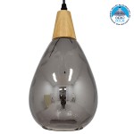GloboStar® NOAH 01489 Μοντέρνο Κρεμαστό Φωτιστικό Οροφής Μονόφωτο 1 x E27 Γυάλινο με Ξύλο Μαύρο Φιμέ Νίκελ Φ16 x Υ30cm