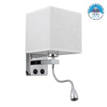 GloboStar® ELEGANT 01495 Μοντέρνο Φωτιστικό Τοίχου Απλίκα Μεταλλικό Χρώμιο Νίκελ με Λευκό Ύφασμα Δίφωτο 1xE27 - Ρυθμίζόμενο Σώμα Σπιράλ με CREE LED 3W Θερμό Λευκό 2700K - Διακόπτες On / Off Μ17 x Π21 x Υ43cm