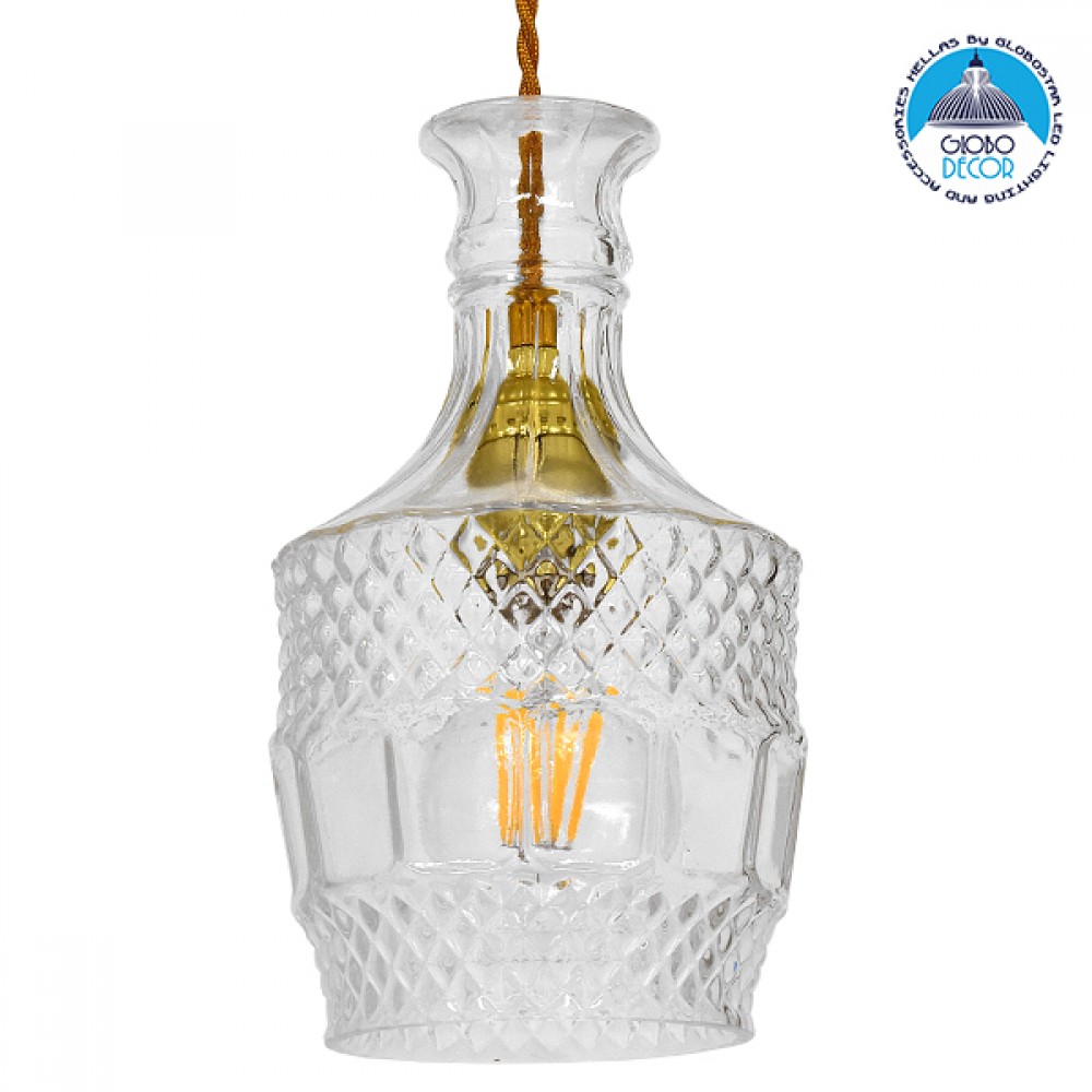 GloboStar® WHISKEY 01513 Vintage Κρεμαστό Φωτιστικό Ανάρτηση Μονόφωτο 1 x E27 IP20 Διάφανο Γυαλί - Μ13 x Π13 x Υ22cm