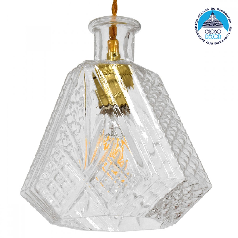 GloboStar® WHISKEY 01515 Vintage Κρεμαστό Φωτιστικό Ανάρτηση Μονόφωτο 1 x E27 IP20 Διάφανο Γυαλί - Μ11 x Π11 x Υ20cm