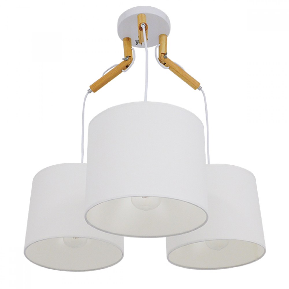 GloboStar® RAMSON 01526 Μοντέρνο Κρεμαστό Φωτιστικό Οροφής Τρίφωτο 3 x E27 Λευκό με Ξύλο και Υφασμάτινα Καπελα Φ67 x Υ65cm