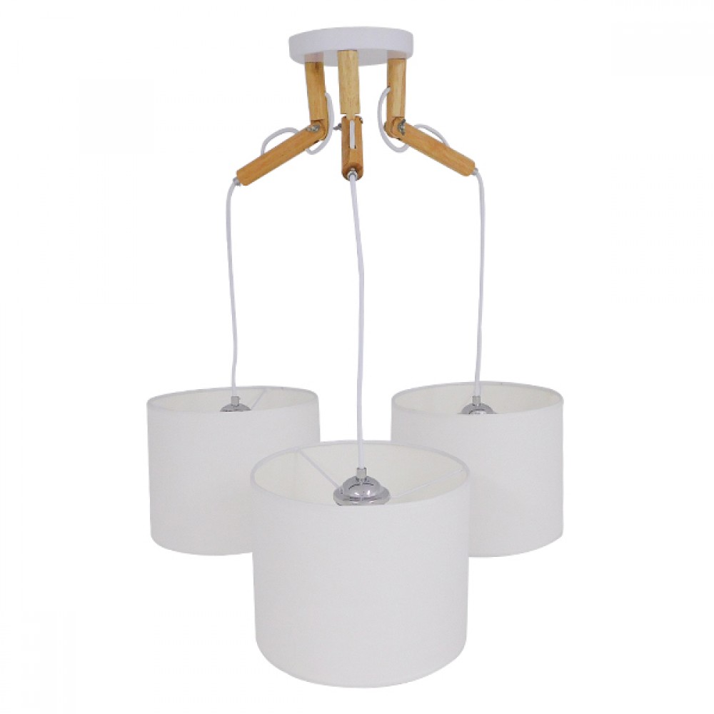 GloboStar® RAMSON 01526 Μοντέρνο Κρεμαστό Φωτιστικό Οροφής Τρίφωτο 3 x E27 Λευκό με Ξύλο και Υφασμάτινα Καπελα Φ67 x Υ65cm