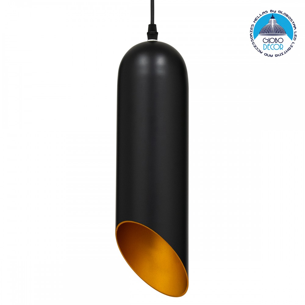GloboStar® CARSON 01527 Μοντέρνο Κρεμαστό Φωτιστικό Ανάρτηση Μονόφωτο 1 x E27 IP20 Μαύρο & Χρυσό Μέταλλο - Μ10 x Π10 x Υ38cm