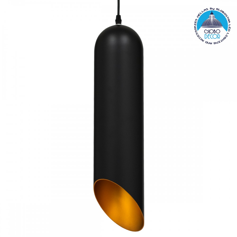GloboStar® CARSON 01528 Μοντέρνο Κρεμαστό Φωτιστικό Ανάρτηση Μονόφωτο 1 x E27 IP20 Μαύρο & Χρυσό Μέταλλο - Μ12 x Π12 x Υ52cm