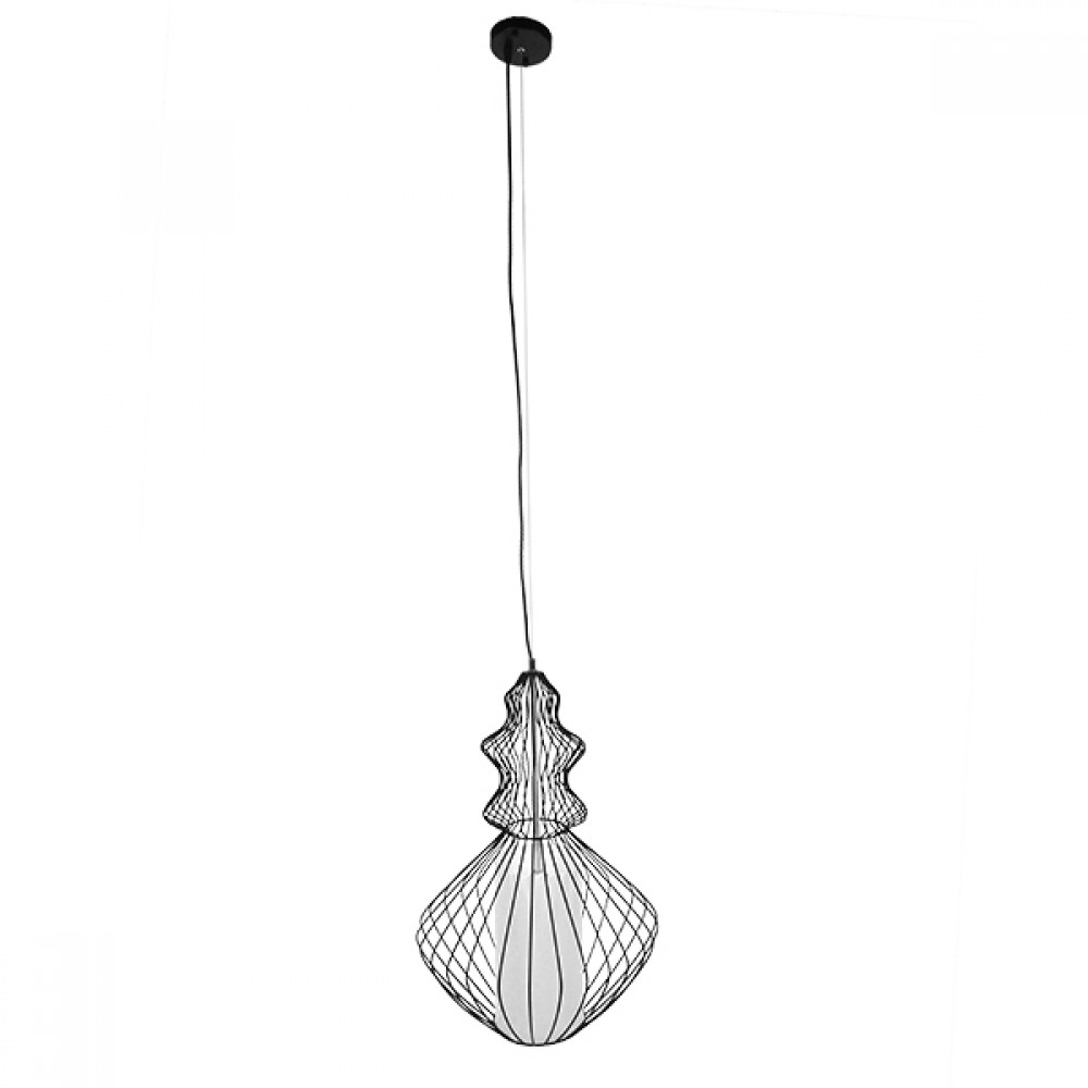 GloboStar® LILY 01558 Vintage Κρεμαστό Φωτιστικό Πλέγμα Μονόφωτο 1 x E27 IP20 Μαύρο Μέταλλο με Λευκό Ύφασμα - Μ43 x Π43 x Υ55cm