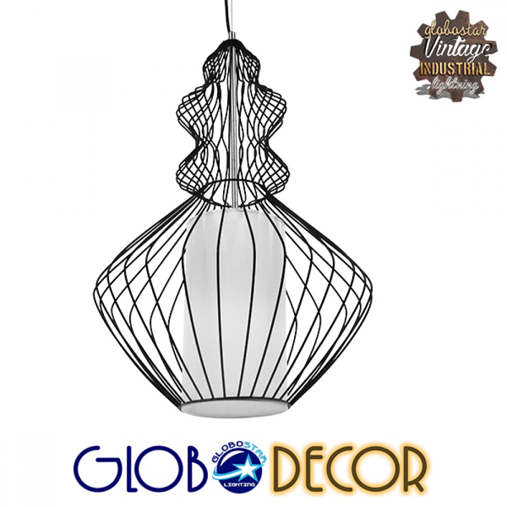 GloboStar® LILY 01558 Vintage Κρεμαστό Φωτιστικό Πλέγμα Μονόφωτο 1 x E27 IP20 Μαύρο Μέταλλο με Λευκό Ύφασμα - Μ43 x Π43 x Υ55cm