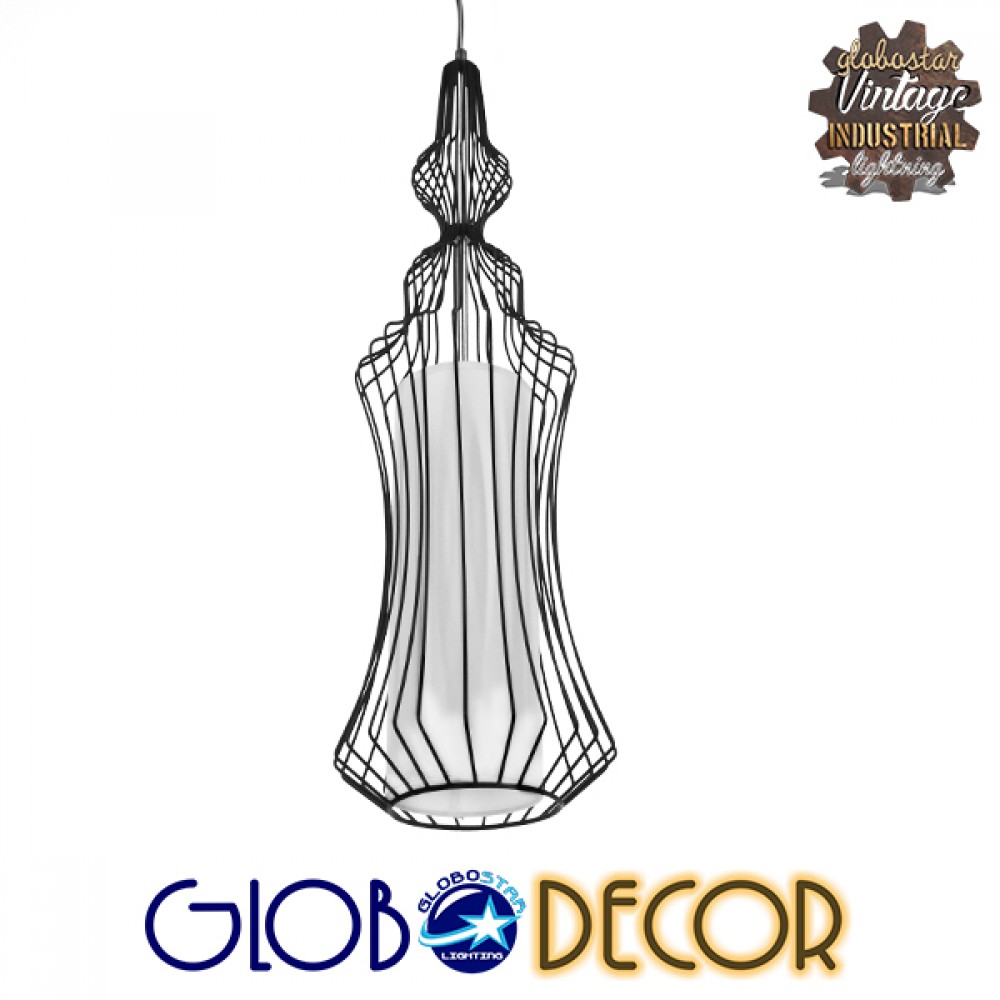 GloboStar® LILY 01559 Vintage Κρεμαστό Φωτιστικό Πλέγμα Μονόφωτο 1 x E27 IP20 Μαύρο Μέταλλο με Λευκό Ύφασμα - Μ25 x Π25 x Υ61cm
