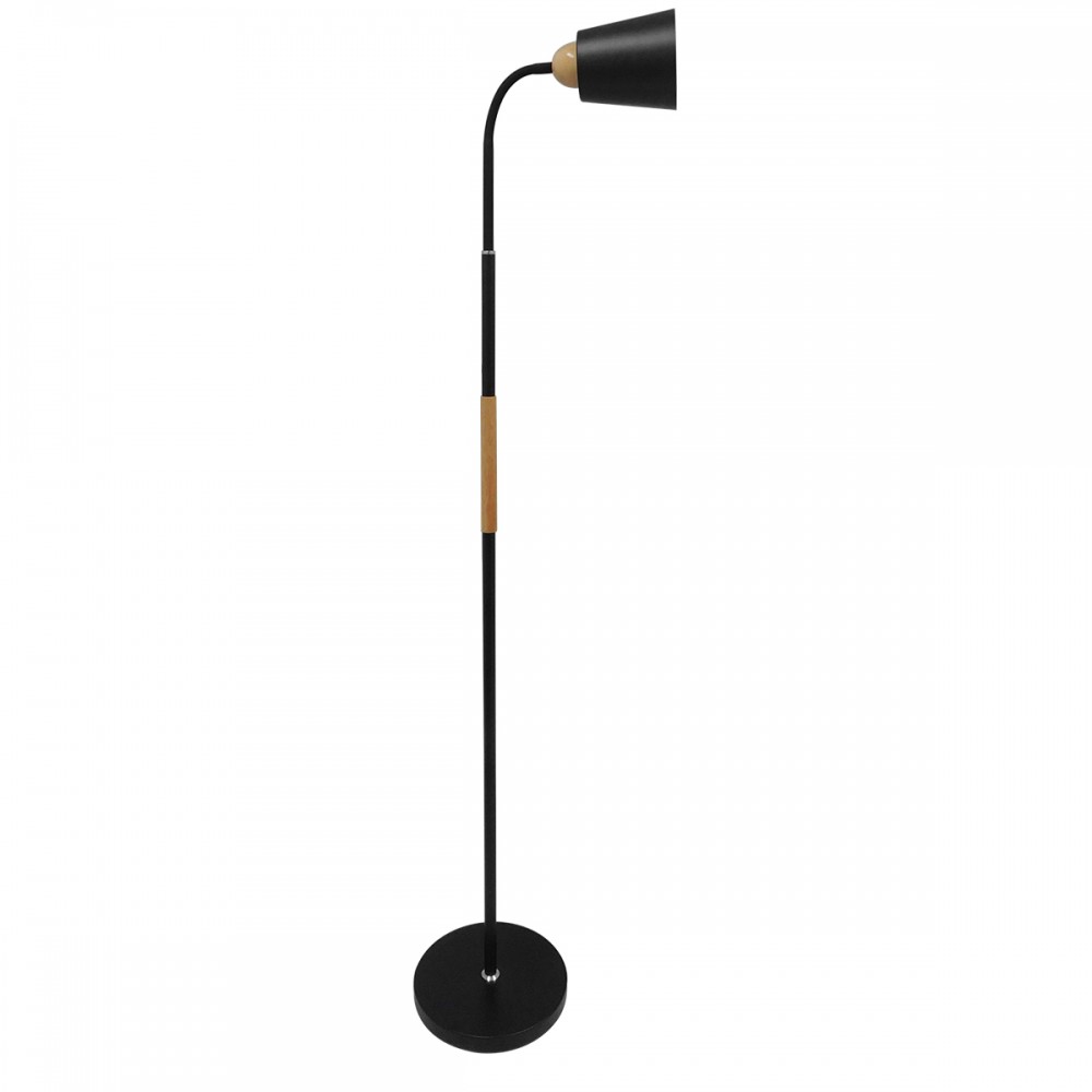 GloboStar® RIBBON 01585 Μοντέρνο Φωτιστικό Δαπέδου Μονόφωτο 1 x E27 Μαύρο Μεταλλικό Καμπάνα με Εφέ Ξύλου D13 x H164cm