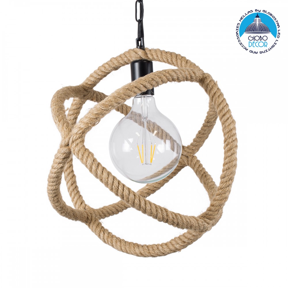 GloboStar® BALANCE 01596 Vintage Κρεμαστό Φωτιστικό Πλέγμα Μονόφωτο 1 x E27 IP20 Μαύρο Μέταλλο με Μπεζ Σχοινί - Μ35 x Π35 x Υ36cm