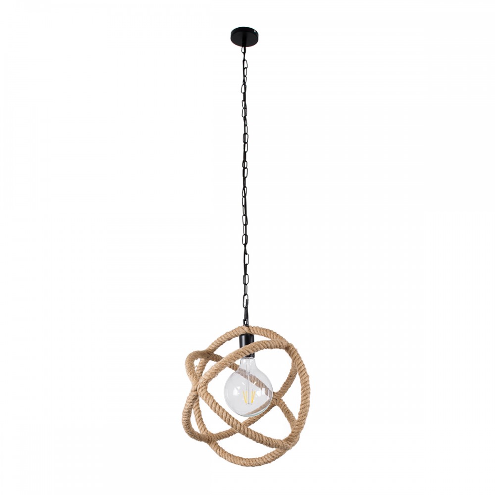GloboStar® BALANCE 01596 Vintage Κρεμαστό Φωτιστικό Οροφής Μονόφωτο 1 x E27 Μπεζ Μεταλλικό με Σχοινί Φ35 x Υ36cm