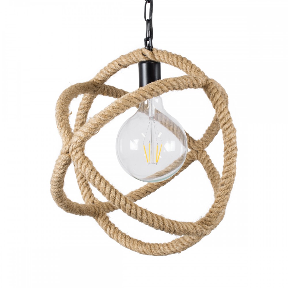GloboStar® BALANCE 01596 Vintage Κρεμαστό Φωτιστικό Οροφής Μονόφωτο 1 x E27 Μπεζ Μεταλλικό με Σχοινί Φ35 x Υ36cm
