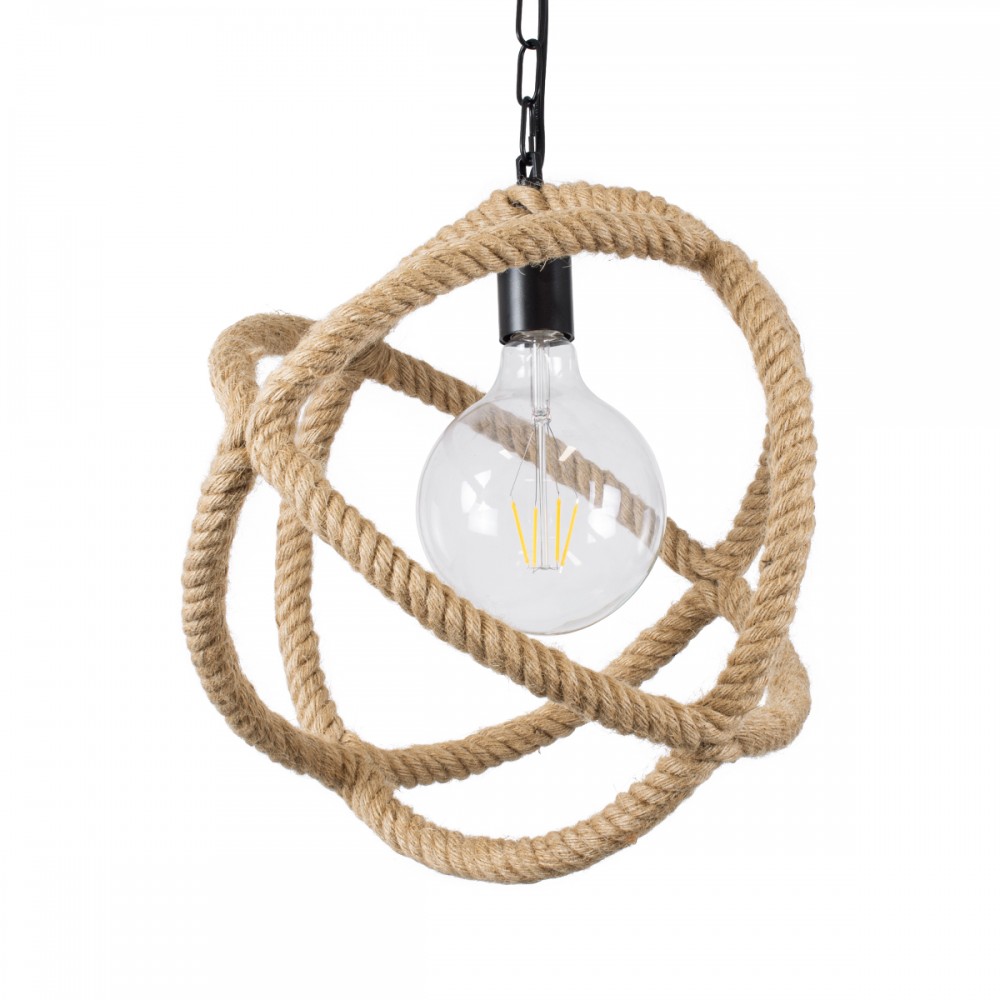 GloboStar® BALANCE 01596 Vintage Κρεμαστό Φωτιστικό Οροφής Μονόφωτο 1 x E27 Μπεζ Μεταλλικό με Σχοινί Φ35 x Υ36cm