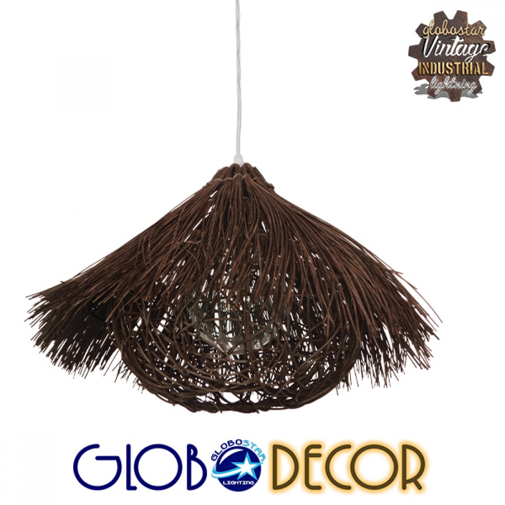 GloboStar® CHEOPE 01600 Boho Κρεμαστό Φωτιστικό Πλέγμα Μονόφωτο 1 x E27 IP20 Καφέ Ξύλο με Καφέ Rattan - Μ50 x Π50 x Y30cm