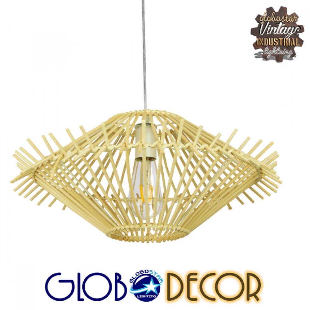 GloboStar® SASSO 01601 Boho Κρεμαστό Φωτιστικό Πλέγμα Μονόφωτο 1 x E27 IP20 Μπεζ Ξύλο - Μ50 x Π50 x Y23cm
