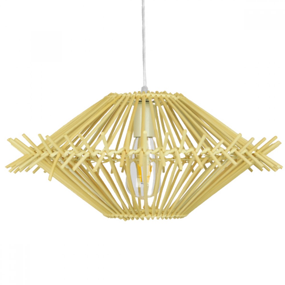 GloboStar® SASSO 01601 Vintage Κρεμαστό Φωτιστικό Οροφής Μονόφωτο 1 x E27 Μπεζ Ξύλινο Ψάθινο Μπαμπού Φ50 x Υ23cm