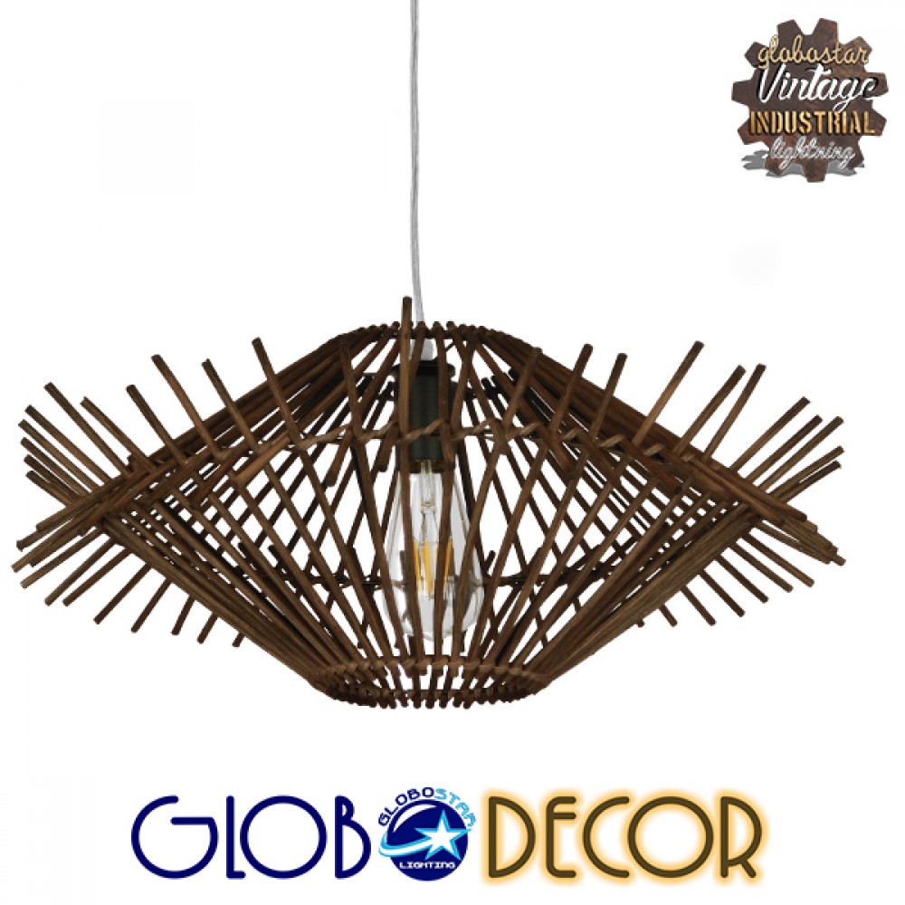 GloboStar® SASSO 01602 Boho Κρεμαστό Φωτιστικό Πλέγμα Μονόφωτο 1 x E27 IP20 Καφέ Ξύλο - Μ50 x Π50 x Y23cm