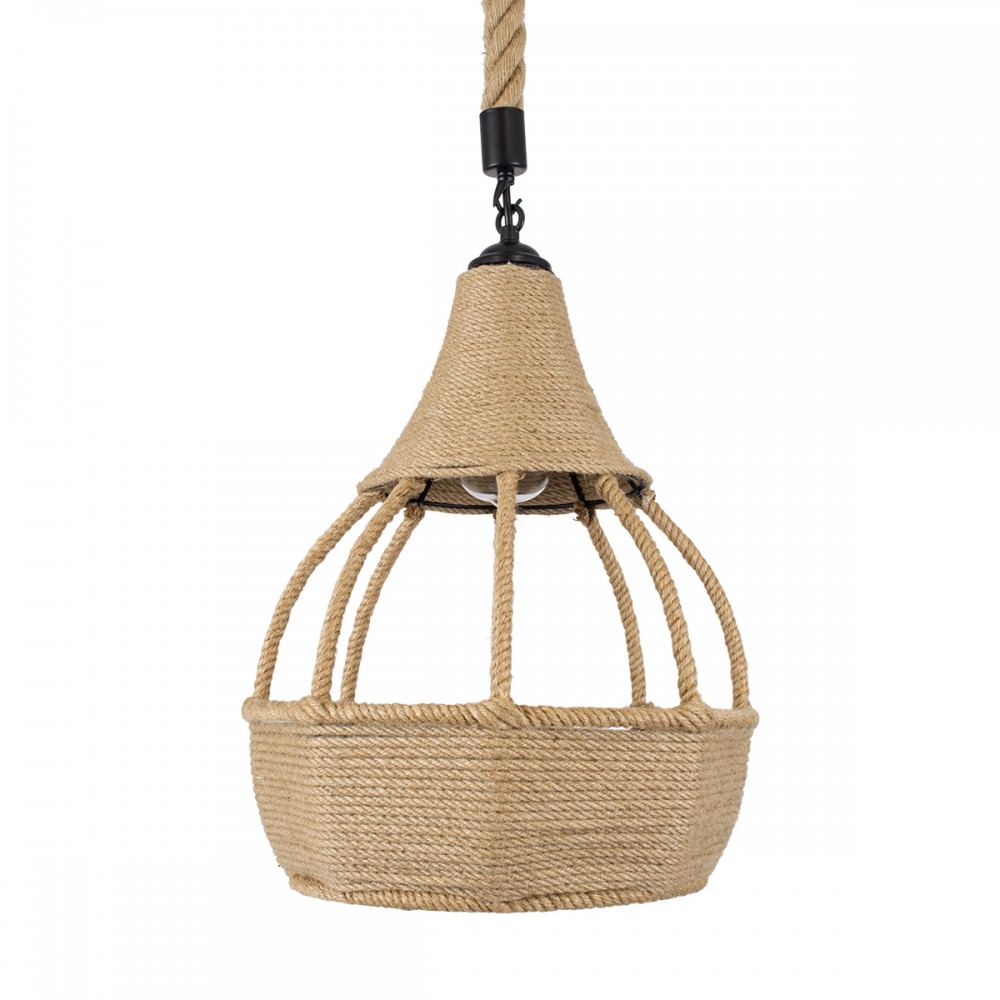 GloboStar® KUBRIC 01605 Vintage Κρεμαστό Φωτιστικό Οροφής Μονόφωτο 1 x E27 Μπεζ Καμπάνα με Σχοινί Φ30 x Υ40cm