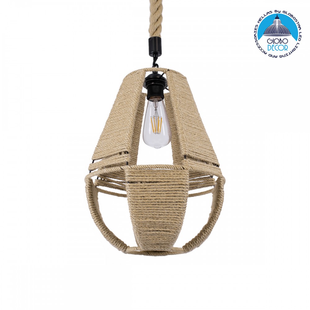 GloboStar® POLIA 01608 Boho Κρεμαστό Φωτιστικό Πλέγμα Μονόφωτο 1 x E27 IP20 Μπεζ Σχοινί - Μ30 x Π30 x Y42cm