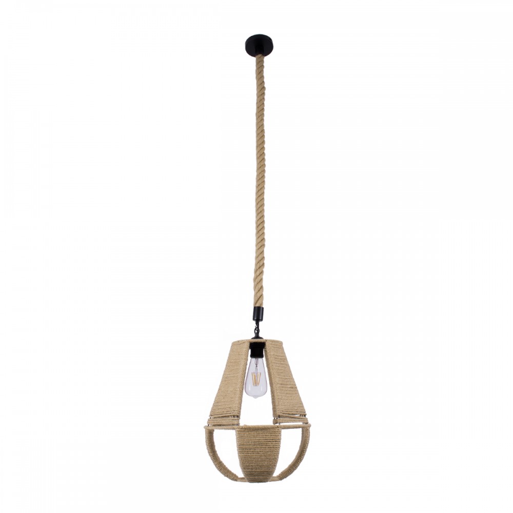 GloboStar® POLIA 01608 Vintage Κρεμαστό Φωτιστικό Οροφής Μονόφωτο 1 x E27 Πλέγμα με Μπεζ Σχοινί Φ30 x Υ42cm