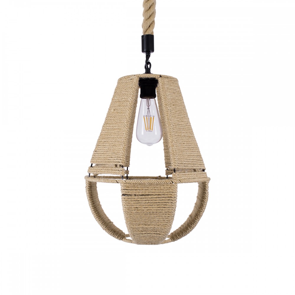 GloboStar® POLIA 01608 Vintage Κρεμαστό Φωτιστικό Οροφής Μονόφωτο 1 x E27 Πλέγμα με Μπεζ Σχοινί Φ30 x Υ42cm
